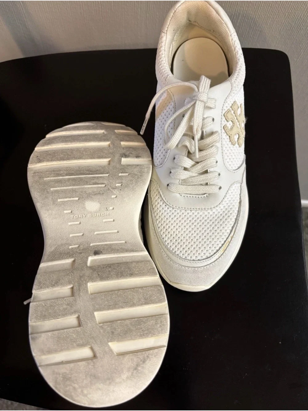 Tory Burch Cream and Gold Platform Lace-Up Sneakers